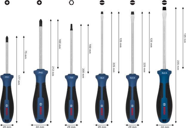طقم مفكات براغي من Bosch مكون من 6 قطع بسيقان من الكروم والفاناديوم.
